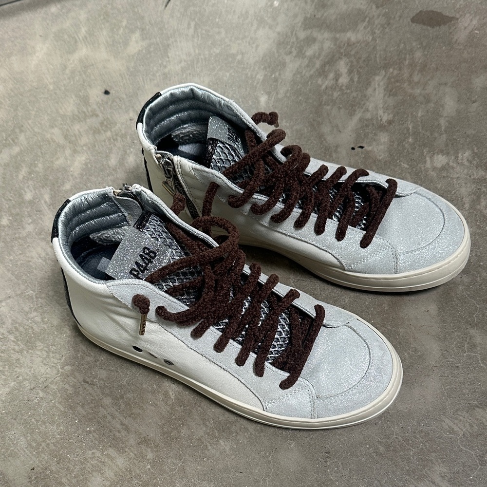 P448 Women's White and Brown High-Top Sneakers